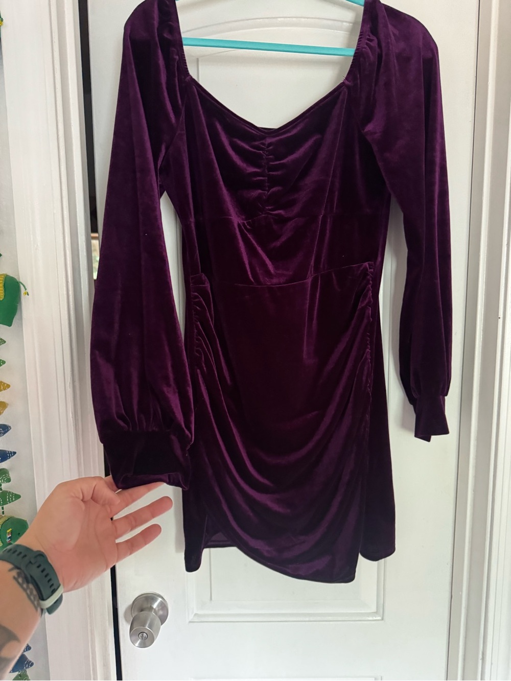 Cider Velvet Long-Sleeve Ruched Mini Dress in Plum